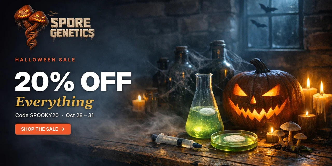 Spore Genetics Halloween Sale: 20% off everything with code SPOOKY20, October 28–31. Shop the sale.