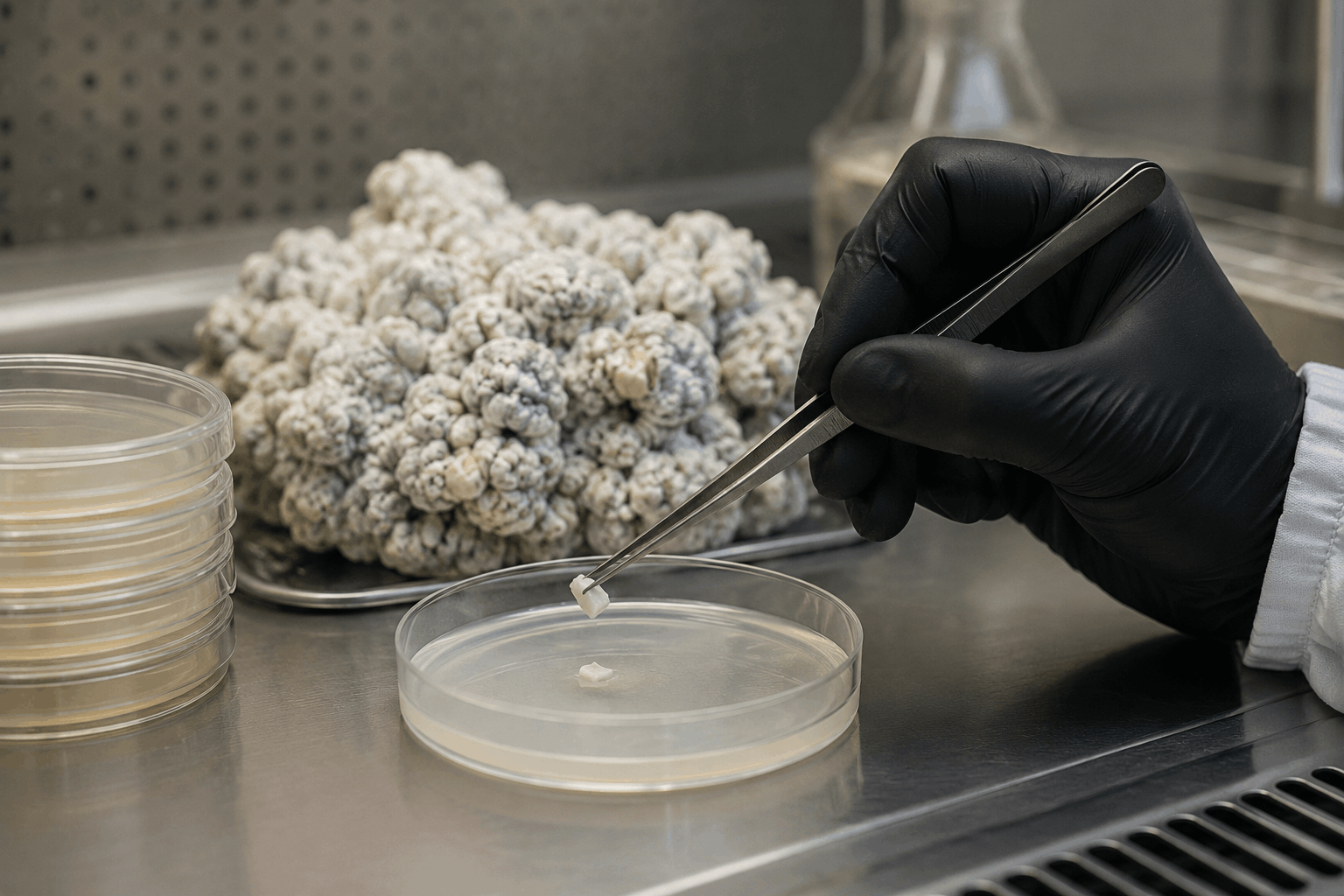 Enigma mushroom tissue transfer to agar Enigma mushroom tissue being transferred to an agar plate for cloning