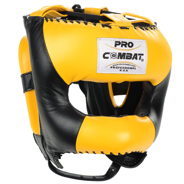 PRO COMBAT Face Saver Leather Boxing Headgear with Nylon Face Bar - Black / Yellow Color