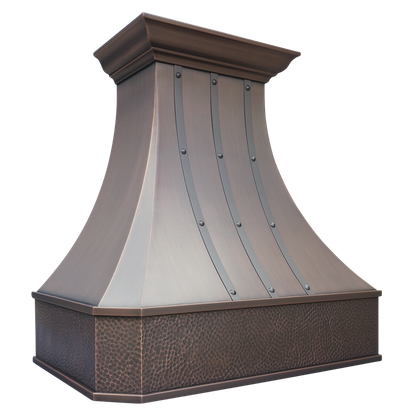 Venetian Bloom Range Hood: A handcrafted metal curved range hood that blends graceful curves with apron mouldings. Custom-made with Artisanal Craftsmanship to be the culinary centerpiece of your kitchen.