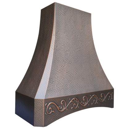 Dallas Bloom Range Hood: A handcrafted metal curved range hood that delivers Texas boldness with clipped corners and arched apron. Custom-made with Artisanal Craftsmanship to be the culinary centerpiece of your kitchen.