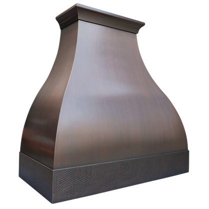 Austin Bloom Range Hood: A handcrafted metal bell-shaped range hood that embraces free-spirited charm with cove style crown and wide body. Custom-made with Artisanal Craftsmanship to be the culinary centerpiece of your kitchen.