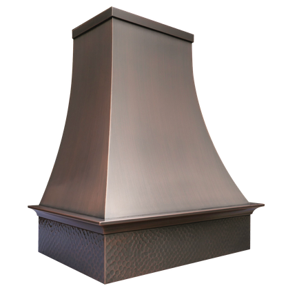 Milwaukee Bloom Range Hood: A handcrafted metal curved range hood that delivers industrial heritage with clean lines and apron moulding. Custom-made with Artisanal Craftsmanship to be the culinary centerpiece of your kitchen.