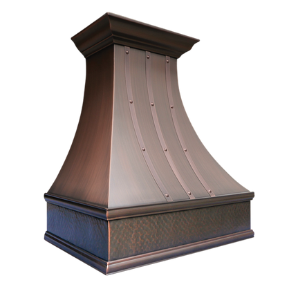 Vancouver Bloom Range Hood: A handcrafted metal curved range hood that blends simplicity and sophistication with refined crown molding. Custom-made with Artisanal Craftsmanship to be the culinary centerpiece of your kitchen.