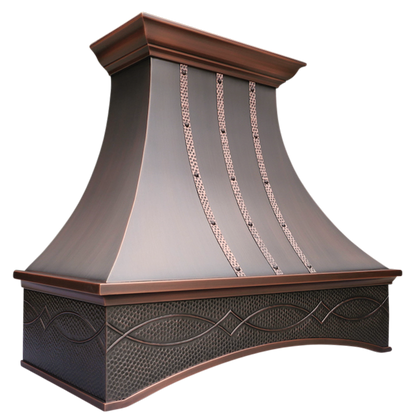 Denver Bloom Range Hood: A handcrafted metal curved range hood that draws inspiration from Rocky Mountain ruggedness with strong forms. Custom-made with Artisanal Craftsmanship to be the culinary centerpiece of your kitchen.