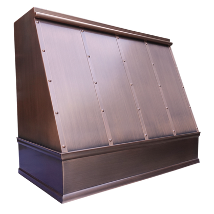 Amsterdam Bloom Range Hood: A handcrafted metal box-shaped range hood that blends historic charm with heavy trims and sloped body. Custom-made with Artisanal Craftsmanship to be the culinary centerpiece of your kitchen.