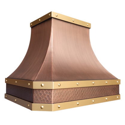 Duluth Bloom Range Hood: A handcrafted metal curved range hood that captures rustic charm with robust farmhouse styling. Custom-made with Artisanal Craftsmanship to be the culinary centerpiece of your kitchen.