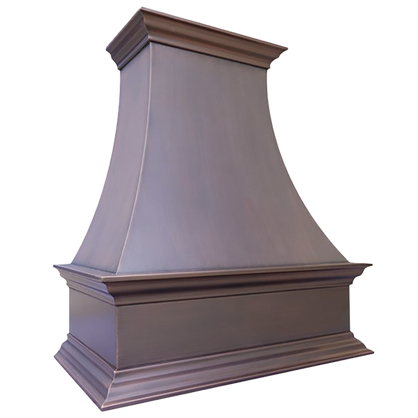San Francisco Bloom Range Hood: A handcrafted metal curved range hood that features classical revival moulding for versatile elegance. Custom-made with Artisanal Craftsmanship to be the culinary centerpiece of your kitchen.