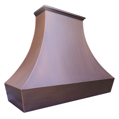 Phoenix Bloom Range Hood: A handcrafted metal curved range hood that embodies bold design with structured form and top moulding. Custom-made with Artisanal Craftsmanship to be the culinary centerpiece of your kitchen.