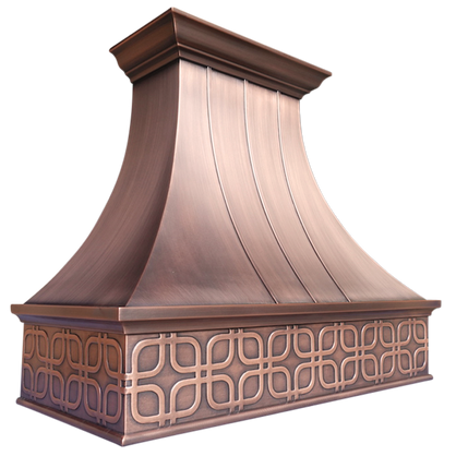 Detroit Bloom Range Hood: A handcrafted metal curved range hood that channels industrial roots with rectangular apron and strong presence. Custom-made with Artisanal Craftsmanship to be the culinary centerpiece of your kitchen.