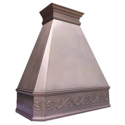 Los Angeles Bloom Range Hood: A handcrafted metal pyramid-shaped range hood that embodies West Coast sophistication with refined crown molding. Custom-made with Artisanal Craftsmanship to be the culinary centerpiece of your kitchen.