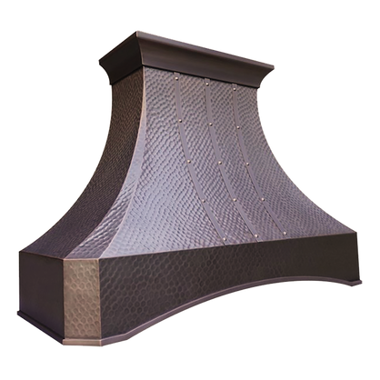 Las Vegas Bloom Range Hood: A handcrafted metal curved range hood that dazzles with arched apron and tapered neck for showstopping appeal. Custom-made with Artisanal Craftsmanship to be the culinary centerpiece of your kitchen.