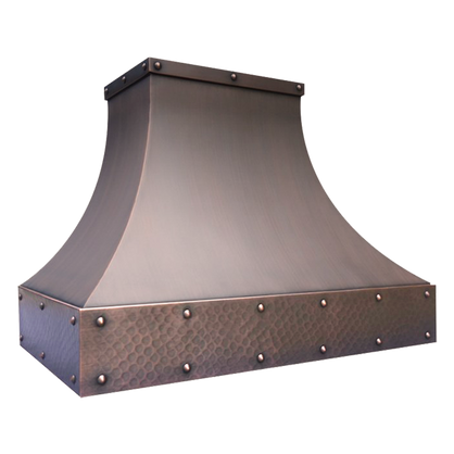 Chicago Bloom Range Hood: A handcrafted metal curved range hood that combines industrial character with a powerful square crown design. Custom-made with Artisanal Craftsmanship to be the culinary centerpiece of your kitchen.