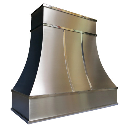 Berkeley Bloom Range Hood: A handcrafted metal curved range hood that offers bold, sweeping curves and refined accents. Custom-made with Artisanal Craftsmanship to be the culinary centerpiece of your kitchen.