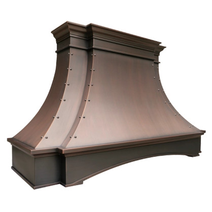 Burbank Bloom Range Hood: A handcrafted metal curved range hood that exudes French-inspired elegance with traditional crown molding and curved aprons. Custom-made with Artisanal Craftsmanship to be the culinary centerpiece of your kitchen.