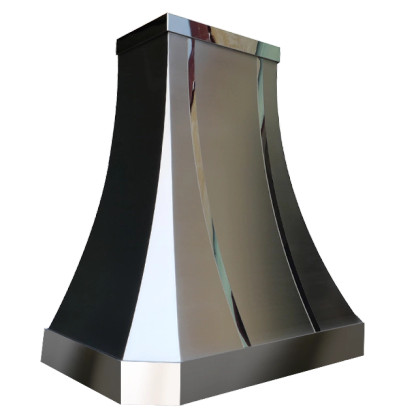 Del Mar Bloom Range Hood: A handcrafted metal curved range hood that transforms ventilation with asymmetrical panels and bold geometric lines. Custom-made with Artisanal Craftsmanship to be the culinary centerpiece of your kitchen.