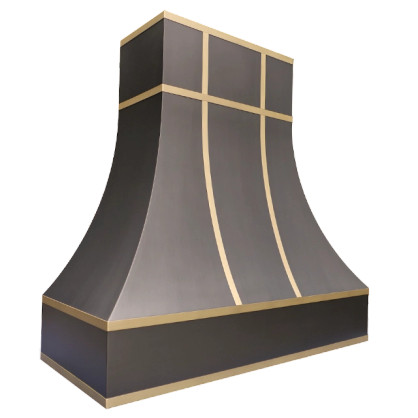 Half Moon Bay Bloom Range Hood: A handcrafted metal curved range hood that features dramatic angles and geometric grid patterns. Custom-made with Artisanal Craftsmanship to be the culinary centerpiece of your kitchen.