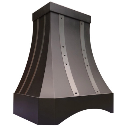 Valencia Bloom Range Hood: A handcrafted metal curved range hood that marries bold curves and vertical straps for striking sophistication. Custom-made with Artisanal Craftsmanship to be the culinary centerpiece of your kitchen.
