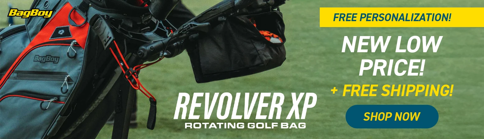 INSTANT SAVINGS on BagBoy Revolver Cart Bags at Rock Bottom Golf brand page - desktop image