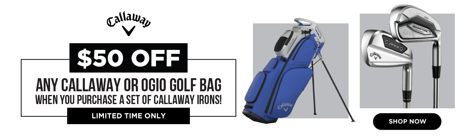 $50 Off a Callaway or Ogio Bag with Select Callaway Iron Set Purchase at Rock Bottom Golf brand page - desktop image