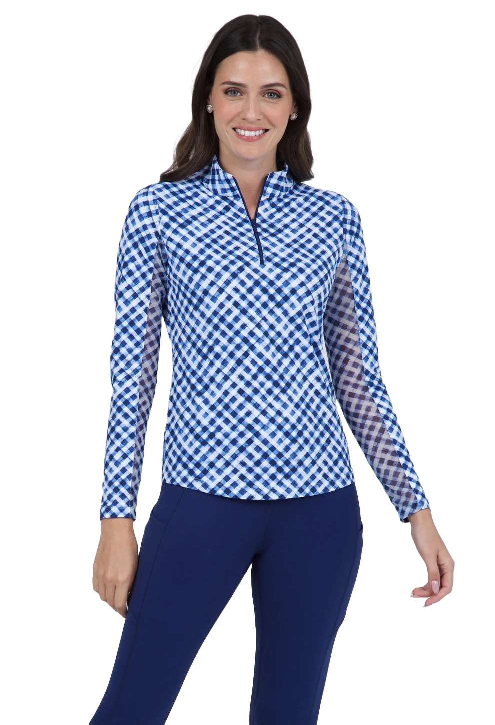 Ladies Color Block Print Long Sleeve Mock Neck Top