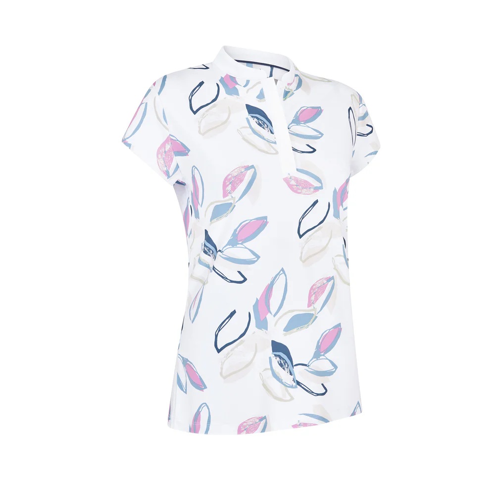 Linear Petals Print Cap Sleeve Golf Shirt With Hidden Snaps