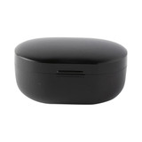 A black charging case for wireless earbuds, featuring a smooth, rounded design.