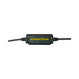 A black audio adapter with a logo, featuring a connector cable on either end.