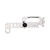 A silver multi-tool with various hexagon shapes, a bottle opener, and a carabiner clip. It features measurement markings.
