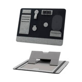 A grey and black clipboard organiser with compartments for stationery and a device holder. It features a logo.