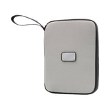 A grey travel wallet with a black accent, featuring a handle and a logo on the front.