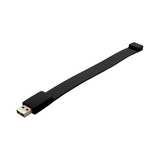 A black silicone wristband with a USB connector at one end. The band has a simple design and includes a logo.