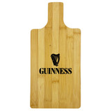 A bamboo chopping board with a handle and a logo design featuring a harp element in black.