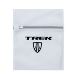 A white laundry bag with a zip, featuring a logo on the front.