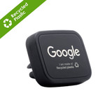 A black rectangle car vent mount made from recycled plastic, featuring a logo.