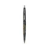 A green plastic pen with a click mechanism, featuring a logo on its barrel.