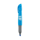 A blue highlighter pen with a grey grip, featuring a logo.