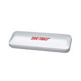 A sleek brushed metal gift box in silver, designed for pen packaging, featuring a logo.