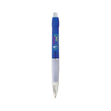 A blue pen with a transparent barrel, featuring a white grip and a branding logo on the side.
