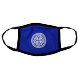 A blue cotton face mask with a black trim and a circular floral emblem in the centre.