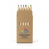 A pack of eight coloured pencils in a cardboard box with a logo. Includes red, blue, yellow, and other colours.