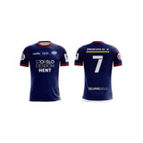 A navy soccer jersey featuring short sleeves, a logo, and the number 7 on the back.