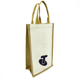 A jute double wine bag in natural and brown hues, featuring carry handles and a logo on one side.