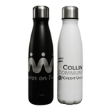 A drink bottle set featuring a black and a white stainless steel water bottle, each with a logo.