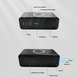 A black wireless charging speaker featuring a clock display, stopwatch, speaker, and mobile phone holder.