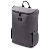 A grey backpack with a zipped top, featuring side pockets and a logo on the front.