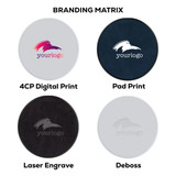 A circular product showcasing different branding options, featuring a mix of grey and black designs with a logo.