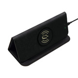 A black foldable magnetic wireless charging mouse pad with a sleek design and a logo on the surface.