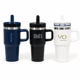 A drink bottle set featuring three travel mugs in navy, black, and white with branded logos and reusable straws.