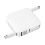 A white retractable fast charge cable with two connectors, featuring a compact, square design and a branding logo.